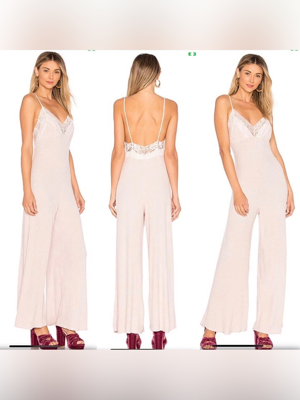 Free People About Time Ribbed Knit Lace wide Leg Jumpsuit Size M chic coquette